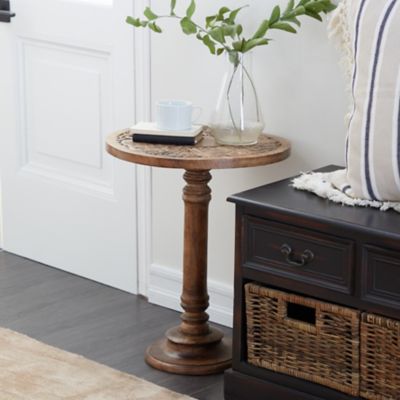 Harper & Willow Mango Wood Handmade Carved Elephant Accent Table, Dark Brown, 17 in. x 17 in. x 21 in.