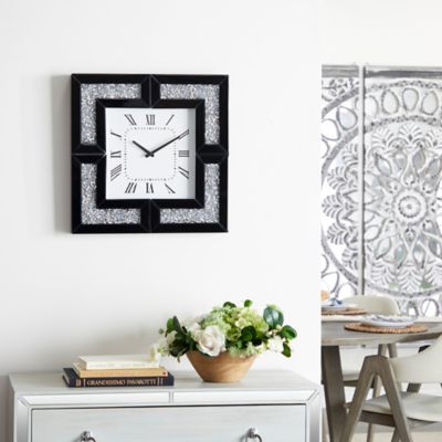 Harper & Willow Black Glass Mirrored Wall Clock with Floating Crystals 20" x 2" x 20"