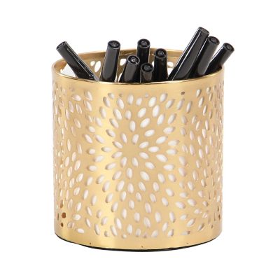 Image showing  Gold Metal Pencil Cup with Laser Carved Floral Design 4" x 4" x 4"