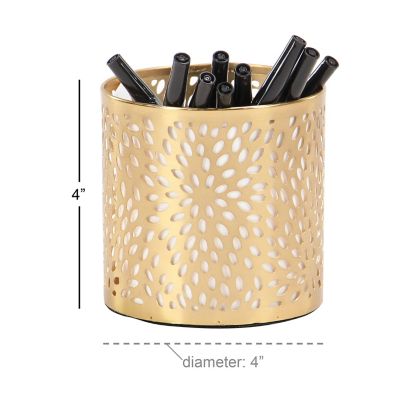 Image showing  Gold Metal Pencil Cup with Laser Carved Floral Design 4" x 4" x 4"