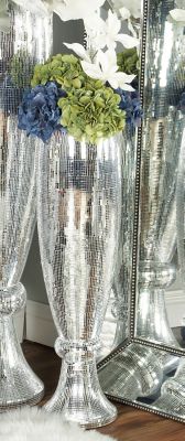 Harper & Willow Silver Polystone Tall Champagne Flute Shape Vase with Mosaic Mirror Inlay, 9 in. x 9 in. x 33 in.