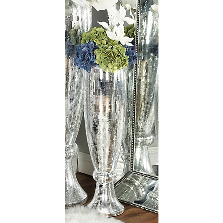 Harper & Willow Silver Polystone Tall Champagne Flute Shape Vase with Mosaic Mirror Inlay, 9 in. x 9 in. x 33 in.