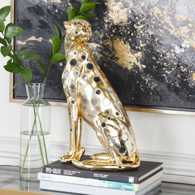 Harper & Willow Gold Polystone Glam Sculpture, Leopard, 16 in. x 7 in. x 9 in.
