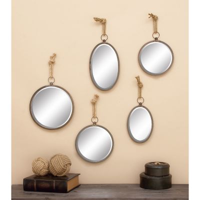 Harper & Willow Gray Metal Wall Mirror with Hanging Rope Set of 5 22, 22, 20, 19, 19 in. H