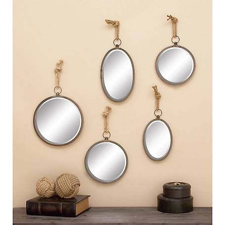 Harper & Willow Gray Metal Wall Mirror with Hanging Rope Set of 5 22", 22", 20", 19", 19"H