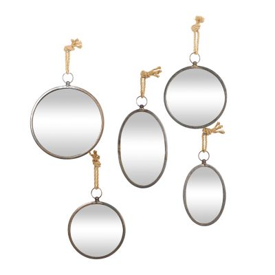 Image showing  Gray Metal Wall Mirror with Hanging Rope Set of 5 22, 22, 20, 19, 19 in. H