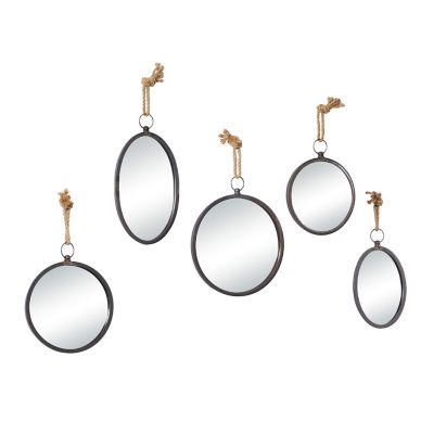 Image showing  Gray Metal Wall Mirror with Hanging Rope Set of 5 22, 22, 20, 19, 19 in. H