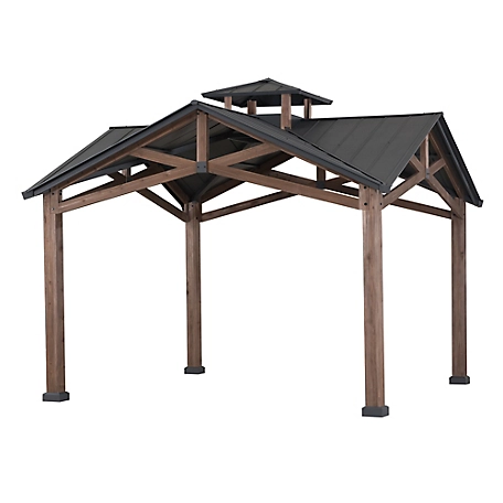 SummerCove 12.5 ft. x 12.5 ft. Bella Cedar-Framed 2-Tier Hard-Top Patio Gazebo with Steel Roof, Black