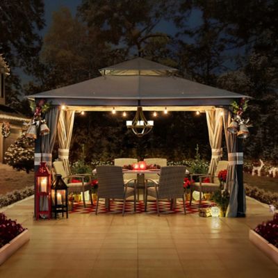 Image showing  11 ft. x 13 ft. 2-Tier Soft Top Gazebo with Light Gray Canopy Roof, Netting, and Curtains