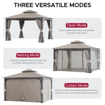 Image showing 9 th Sunjoy 11 x 13ft. 2-Tier Soft Top Gazebo with Light Gray Canopy Roof, Netting, and Curtains