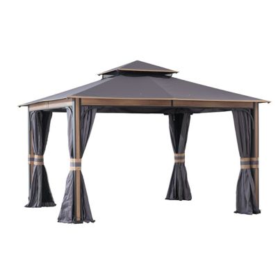 Sunjoy 11 ft. x 13 ft. 2-Tier Soft Top Gazebo with Light Gray Canopy Roof, Netting, and Curtains