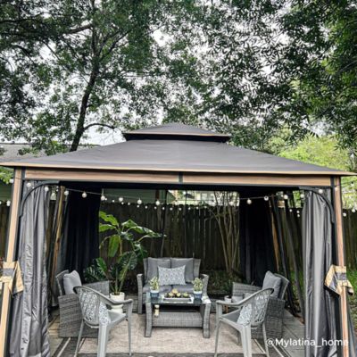 Image showing  11 x 13ft. 2-Tier Soft Top Gazebo with Light Gray Canopy Roof, Netting, and Curtains