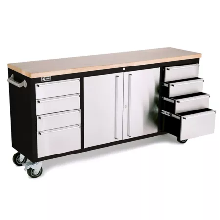 TRINITY 72" x 19" Stainless Steel 8-Drawer Rolling Workbench Black Work Benches