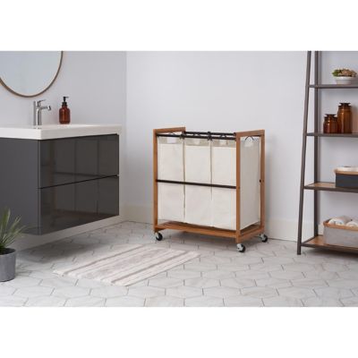 Image showing  3-Bag Bamboo Laundry Cart, Bronze poles