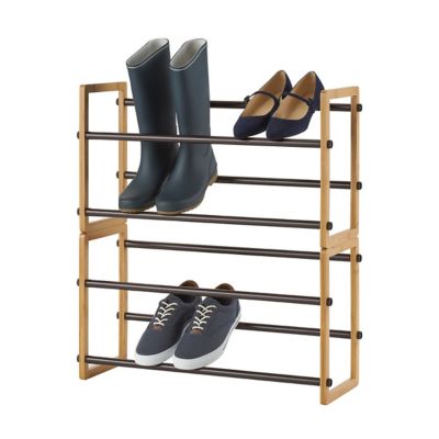 TRINITY Basics 2-Tier Expandable Bamboo Shoe Racks, 2-Pack This shoe rack looks good, but I found the the slick metal bars allowed several pairs of our shoes that have smooth leather soles to slide right off