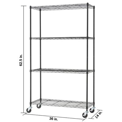 Image showing  36 in. x 14 in. x 62.5 in. BASICS 4-Tier Wire Shelving Rack with Wheels, Black