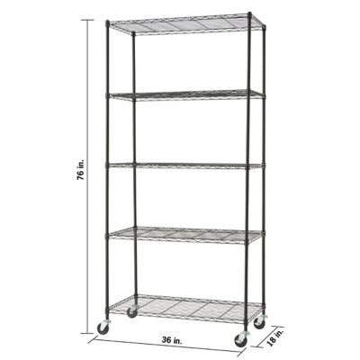 Image showing  36 in. x 18 in. x 76 in. 5-Tier Basics Wire Shelving Rack with Wheels, Black
