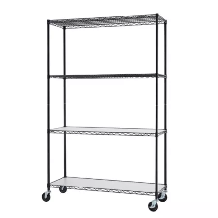 TRINITY 48" x 18" x 72" 4-Tier Commercial Wire Shelving Unit with Liners and Wheels Black Freestanding Shelving Units