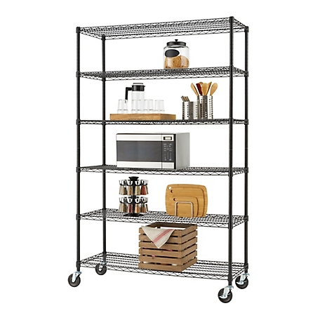 TRINITY 6-Tier Basics Wire Shelving Rack with Wheels, 48 in. x 18 in. x 72 in., Black