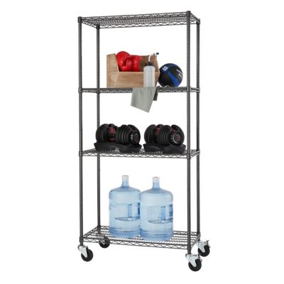 TRINITY PRO 4-Tier 36 in. x 18 in. x 77 in. Wire Shelving with Wheels, Black, 1,000 lb. Capacity on Wheels, 4,000 lb. on Leveler