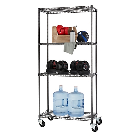 TRINITY PRO 4-Tier 36 in. x 18 in. x 72 in. Wire Shelving with Wheels, Black, 1,000 lb. Capacity on Wheels, 4,000 lb. on Leveler