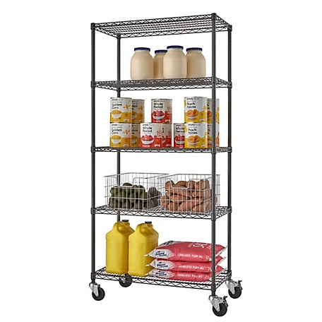 TRINITY PRO 5-Tier 36 in. x 18 in. x 77 in. Wire Shelving with Wheels, Black, 1,000 lb. Capacity on Wheels, 5,000 lb. on Leveler