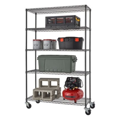 TRINITY 5-Tier 48 in. x 18 in. x 72 in. PRO Wire Shelving with Wheels, Black, 1,000 lb. Capacity on Wheels, 5,000 lb. on Leveler