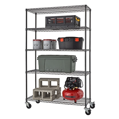 TRINITY 5-Tier 48 in. x 18 in. x 77 in. PRO Wire Shelving with Wheels, Black, 1,000 lb. Capacity on Wheels, 5,000 lb. on Leveler