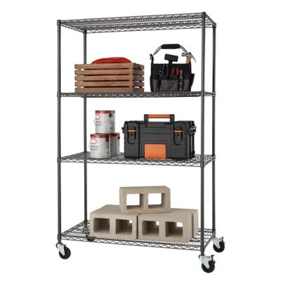 TRINITY 4-Tier 48 in. x 24 in. x 77 in. PRO Wire Shelving with Wheels, Black, 1,000 lb. Capacity on Wheels, 4,000 lb. on Leveler