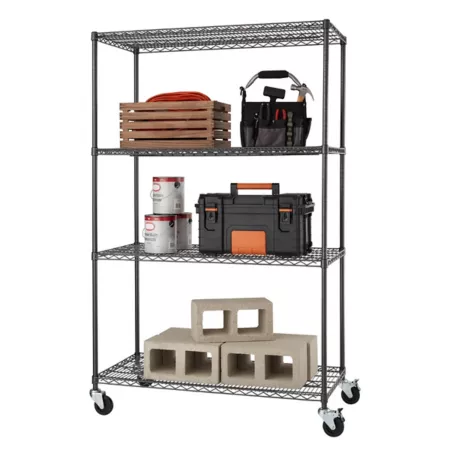 PRO TRINITY 4-Tier Wire Shelving Unit 48 in x 24 in x 77 in with Casters Black 1 000 lb Capacity on Wheels 4 000 lb on Leveler Freestanding Shelving Units