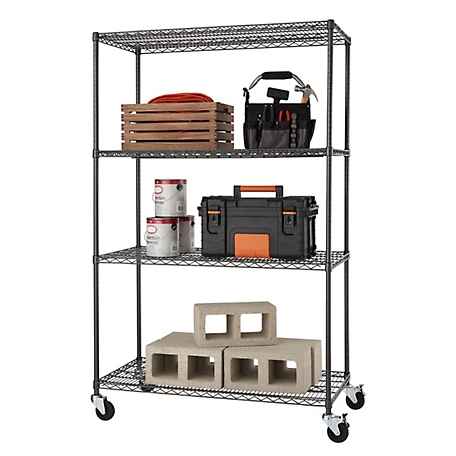 TRINITY PRO 4-Tier 48 in. x 24 in. x 77 in. Wire Shelving with Wheels, Black, 1,000 lb. Capacity on Wheels, 4,000 lb. on Leveler