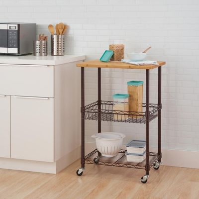 Image showing  Basics Bamboo Top Kitchen Cart with Basket, Dark Bronze