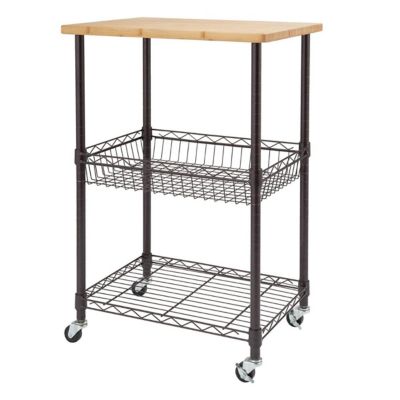 Image showing  Basics Bamboo Top Kitchen Cart with Basket, Dark Bronze
