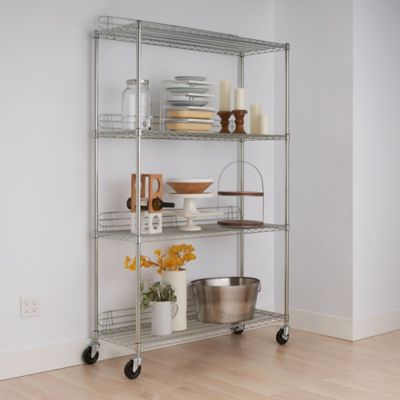 Image showing  48 in. x 18 in. x 72 in. 4-Tier EcoStorage Wire Shelving Rack with Backstands and Wheels, Chrome Color
