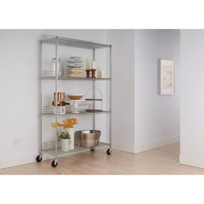 Image showing  48 in. x 18 in. x 72 in. 4-Tier EcoStorage Wire Shelving Rack with Backstands and Wheels, Chrome Color