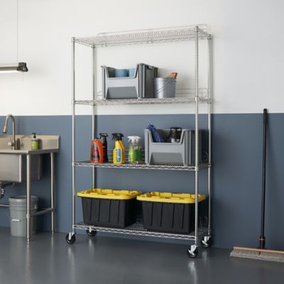 Image showing  48 in. x 18 in. x 72 in. 4-Tier EcoStorage Wire Shelving Rack with Backstands and Wheels, Chrome Color