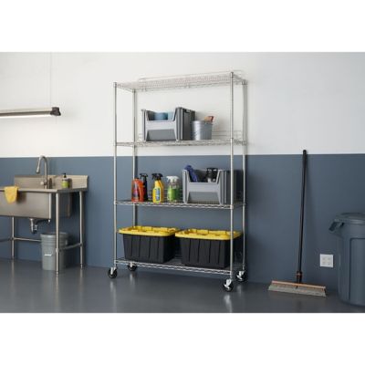 Image showing  48 in. x 18 in. x 72 in. 4-Tier EcoStorage Wire Shelving Rack with Backstands and Wheels, Chrome Color