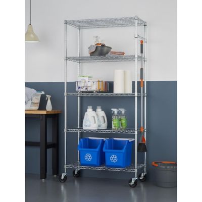 Image showing  5-Tier EcoStorage Commercial Wire Shelving Rack with Sidebar and Wheels, 36 in. x 18 in. x 72 in., Chrome Color
