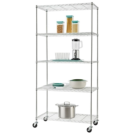 TRINITY 5-Tier Basics EcoStorage Wire Shelving Rack with Wheels, 36 in. x 18 in. x 76 in., Chrome Color