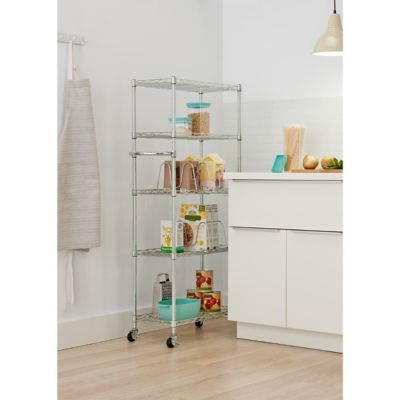 Image showing  5-Tier Basics EcoStorage Pantry Rack with Wheels, 24 in. x 12 in. x 55.5 in., Chrome Color