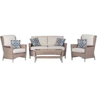 Hanover 4 pc. Nantucket Wicker Outdoor Chat Set, Includes 2 High-Back Side Chairs, Loveseat and Glass-Top Coffee Table