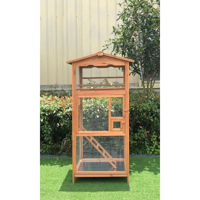 Hanover Outdoor Wooden Bird Cage with 3 Resting Bars, Ladder, Waterproof Roof and Removable Tray, 2.9 Ft. x 2.1 Ft. x 5.8 Ft.