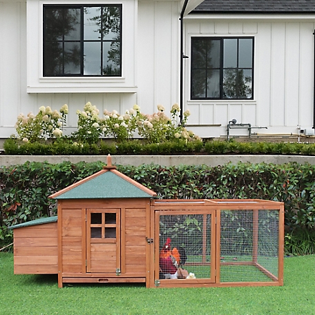 Hanover Outdoor Elevated Wooden Chicken Coop with Ramp, 1 to 2 Chicken Capacity, Nesting Box, Wire Mesh Run, Waterproof Roof