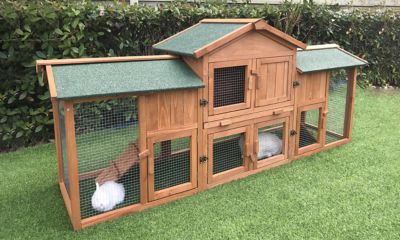 Image showing 7 th Hanover 2-Story Outdoor Wooden Elevated Rabbit Hutch with Ramp, Run, Waterproof Roof and Removable Tray, 33.5 x 79 x 20.5 in.