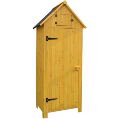 Hanover Outdoor Wooden Storage Shed with Pitched Roof, 3 Shelves and Locking Latch, Yellow