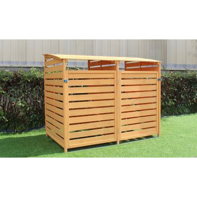 Image showing  Wooden Trash and Recyclables Bin Storage Shed with Straight Dual Front Doors and Hinged Top Lids