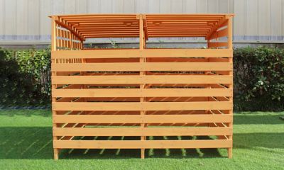 Image showing  Wooden Trash and Recyclables Bin Storage Shed with Straight Dual Front Doors and Hinged Top Lids