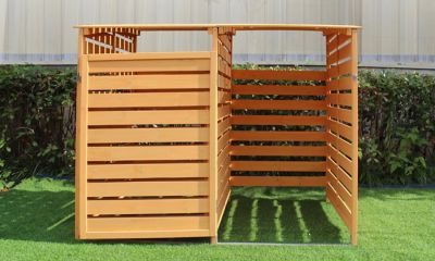 Image showing  Wooden Trash and Recyclables Bin Storage Shed with Straight Dual Front Doors and Hinged Top Lids