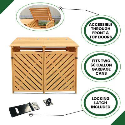 Image showing  Wooden Trash and Recyclables Bin Storage Shed with Dual Front Doors and Hinged Top Lids