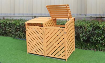 Image showing  Wooden Trash and Recyclables Bin Storage Shed with Dual Front Doors and Hinged Top Lids